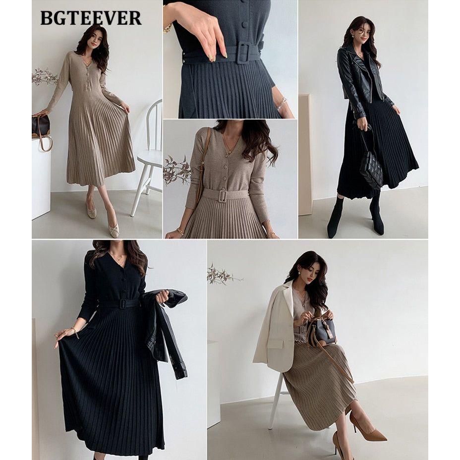 Elegant V-Neck Autumn Winter Knitted Belted Pleated Women's Long Dress - Frimunt Clothing Co.
