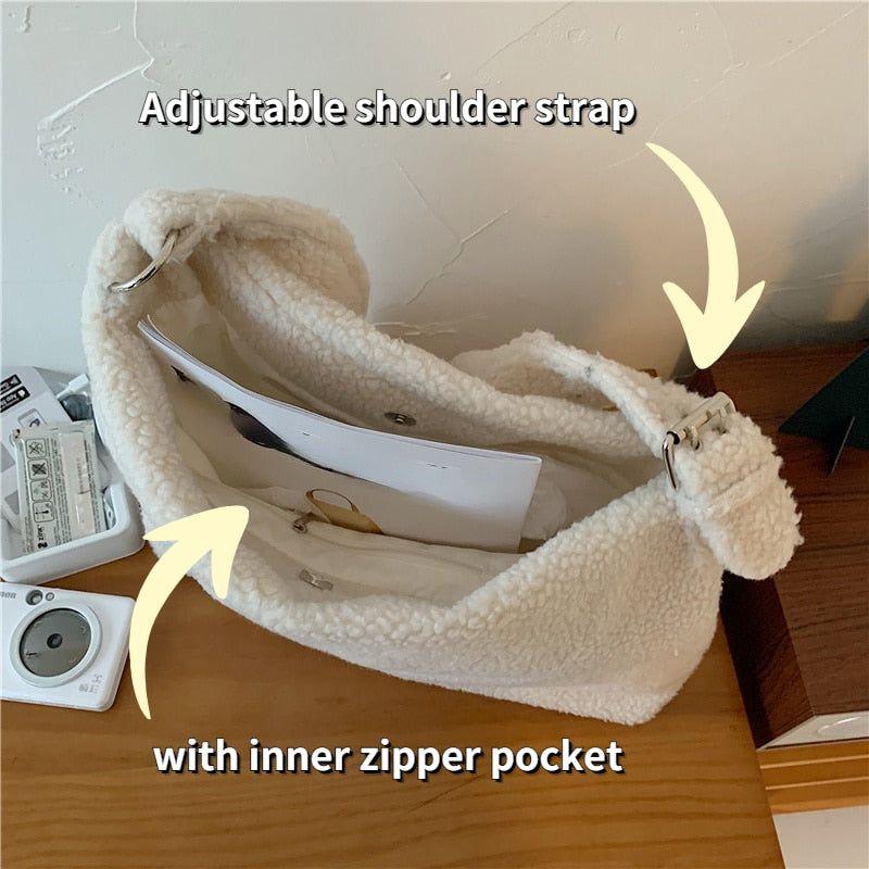 Winter Lamb Faux Fur Women's Shoulder Bag Solid Color Soft Fluffy Plush Large Capacity Tote - Frimunt Clothing Co.