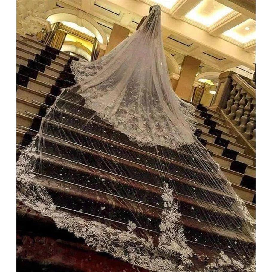 Bridal Veil With Sequins Lace Edge White Cathedral Length Veil With Comb - Frimunt Clothing Co.