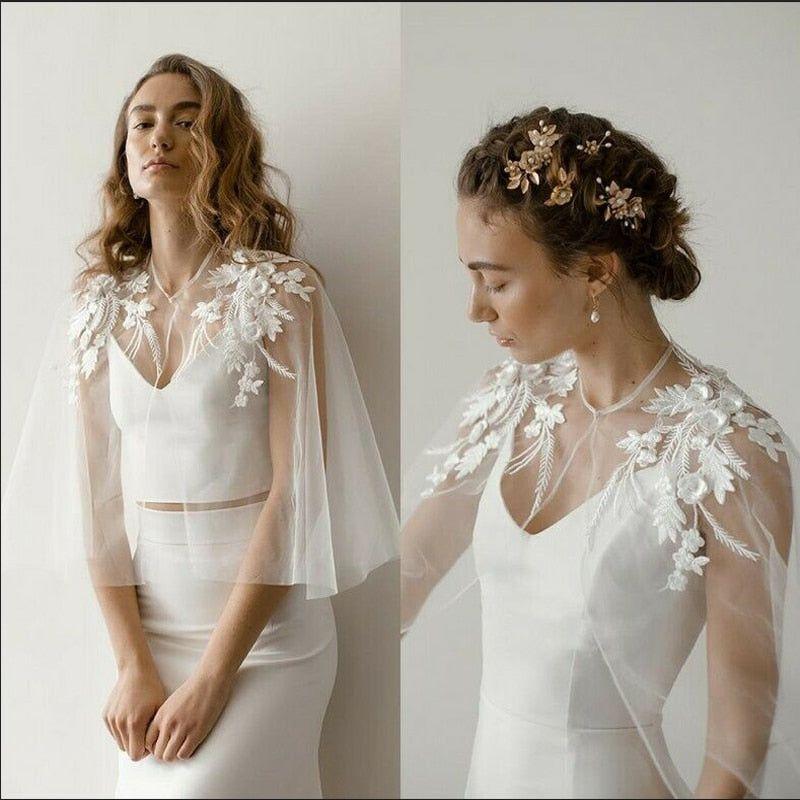 Soft Tulle Wedding Cape Shoulder Appliques Bridal Bolero Jacket - Frimunt Clothing Co.
