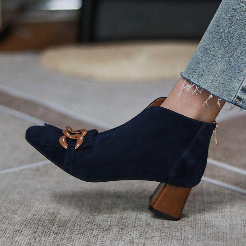 Autumn Ladies Sheep Suede Fringe Zip Ankle, Midi Heel, Chain And Tassel Booties - Frimunt Clothing Co.