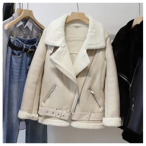 Winter Women's Faux Sheepskin Leather Jacket Aviator Style with Fur Lining