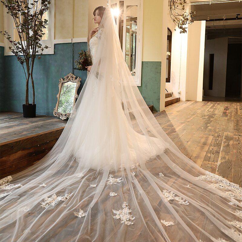 2Tier Appliques Wedding Veil With Face Cover Bridal Veils Cathedral Length Two Layer - Frimunt Clothing Co.