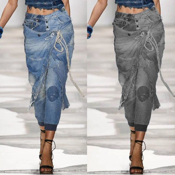 Women's New Fashion Low Waist Button Fly Denim Skirt Over Pants Distressed Jeans - Frimunt Clothing Co.