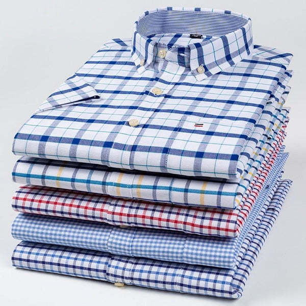 S~7xl Cotton Shirts for Men Short Sleeve Summer  Plus Size Plaid Striped Business Casual New Regular Fit