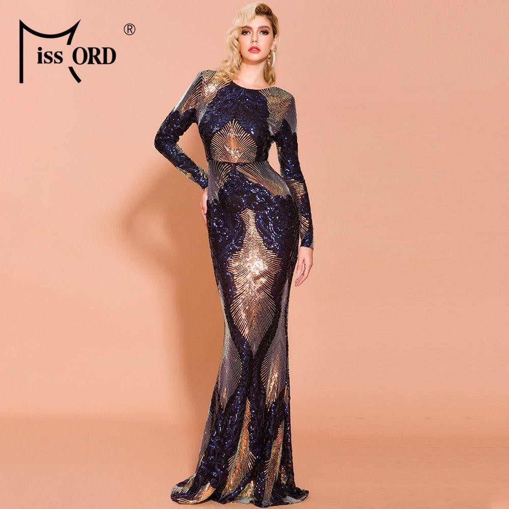Women Sexy O Neck Backless Sequin Long Wedding Dresses Bodycon Evening Party Dress Gold - Frimunt Clothing Co.