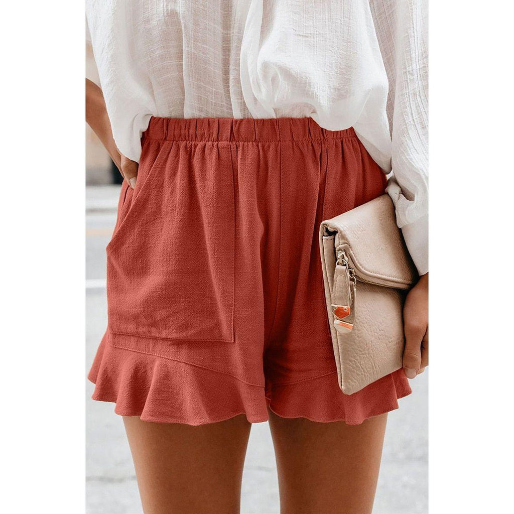 Women Shorts 2022 Summer High Waist Elastic Pockets Ruffles Straight Casual Thin Mini Shorts S-5XL - Frimunt Clothing Co.