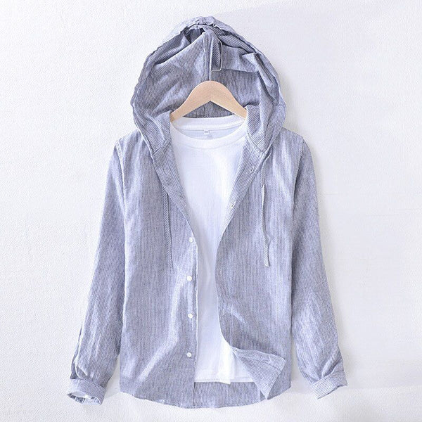 Striped Hooded Shirt for Men Long Sleeve Cotton Linen Spring Autumn Summer Fashion Casual