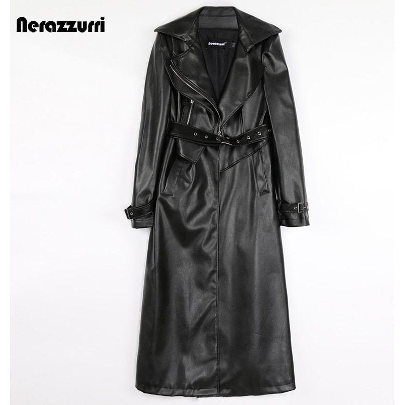 Nerazzurri Spring Runway White Long Leather Trench Coat for Women Long Sleeve Elegant Luxury Fashion - Frimunt Clothing Co.