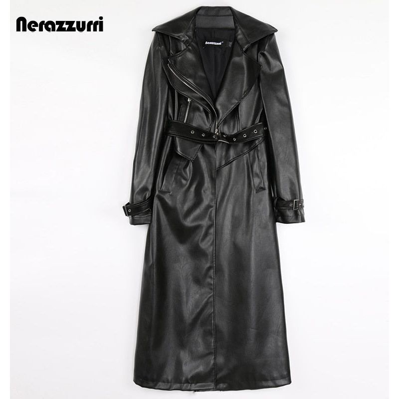 Nerazzurri Spring Runway White Long Leather Trench Coat for Women Long Sleeve Elegant Luxury Fashion