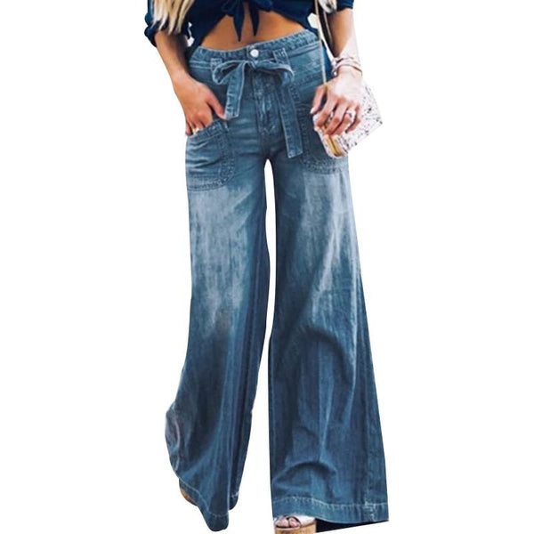 Women's High Waist Spring Summer Tie Up Wide Flare Leg Jeans Summer New Retro Fashion - Frimunt Clothing Co.