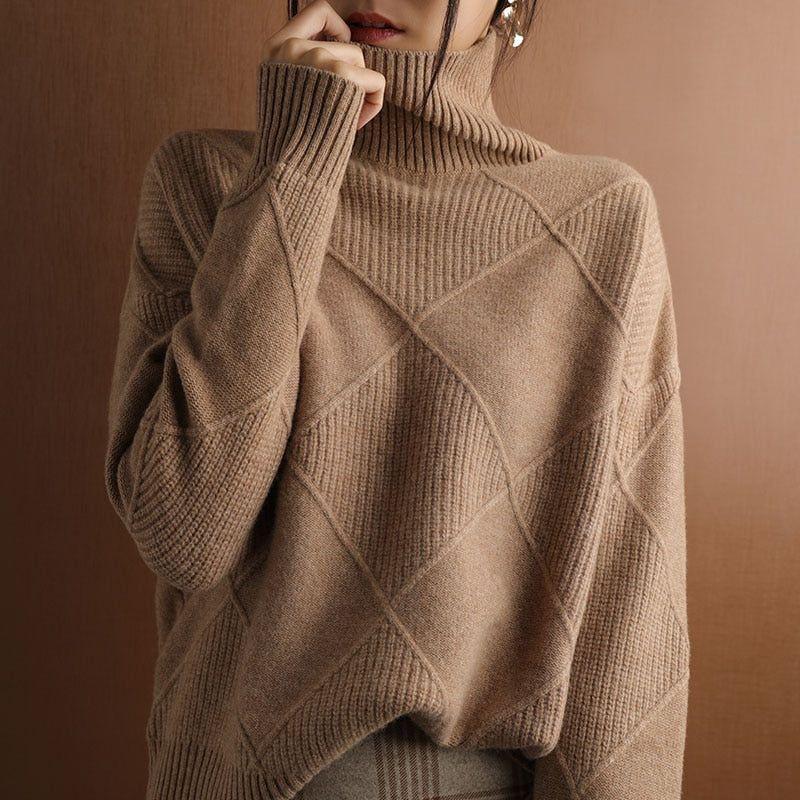 Women's Turtleneck Sweater 100% Wool Knit Pullover Large Sizes Black Beige Auburn Yellow - Frimunt Clothing Co.