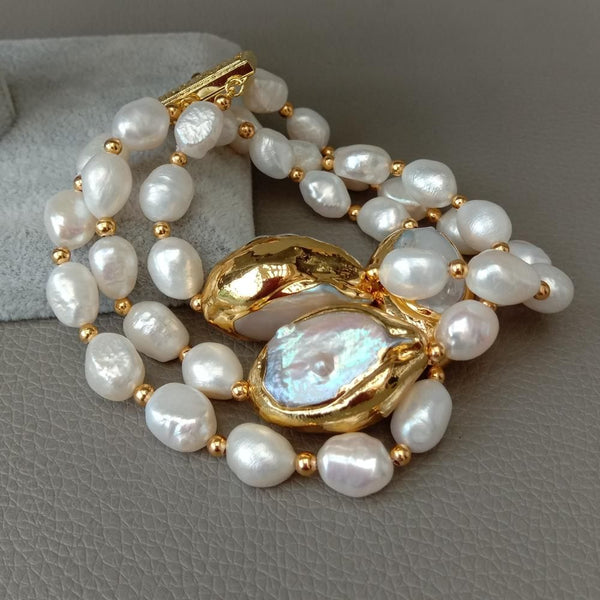 Women's 3 Rows Cultured White Baroque Freshwater White Keshi Pearls Handmade Bracelet Classic Elegant Fashion Jewelry - Frimunt Clothing Co.
