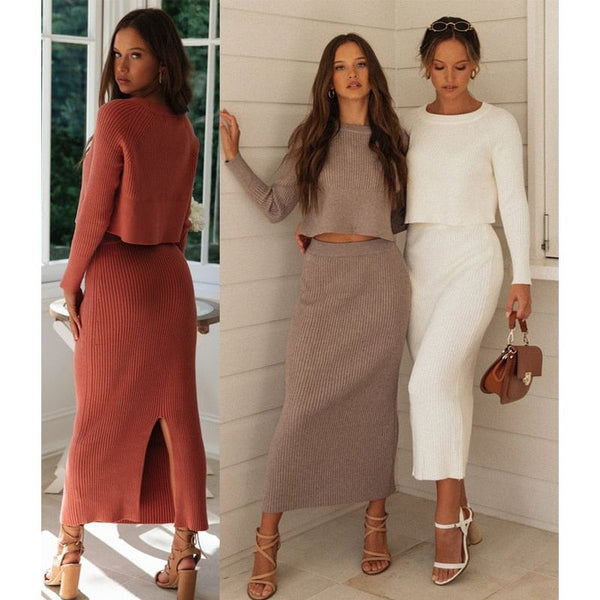 Women's 2 Pieces Set Knitted Pullover Crop Sweater Top And Long Back Slit Bodycon Skirt