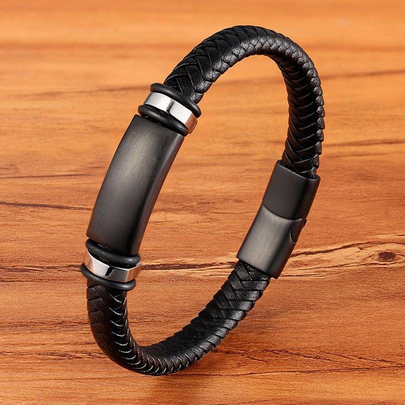 Stainless Steel Charm Magnetic Black Men Bracelet Leather Genuine Braided Punk Rock Bangles Jewelry Accessories - Frimunt Clothing Co.