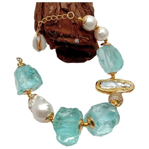 Women's Cultured White Keshi & Biwa Pearls Gold Plated Blue Sea Glass Rhinestones Handmade  Bracelet Chic Fashion Jewelry - Frimunt Clothing Co.