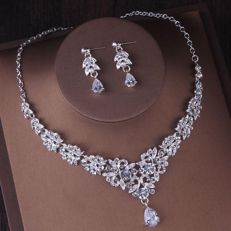 Gorgeous Silver Color Crystal Bridal Jewelry Sets Fashion Tiaras Crown Earrings Choker Necklace Women Wedding Dress Jewelry Set - Frimunt Clothing Co.