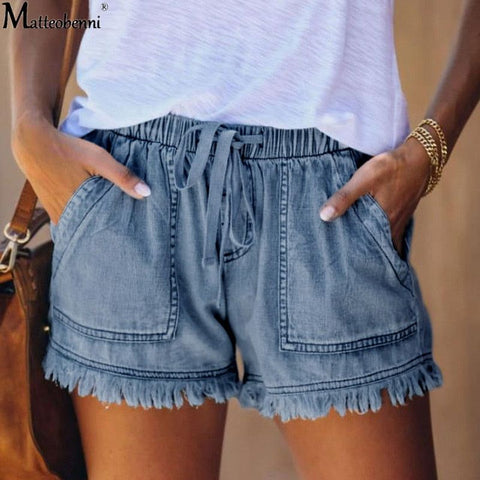 Women High Waist Short Jeans Summer Casual Elastic Waist Drawstring Vintage Thin Shorts - Frimunt Clothing Co.