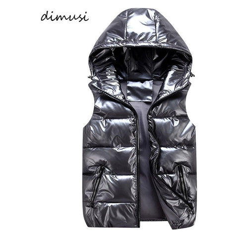 DIMUSI Men's Unisex Vest Winter Fashion Silver Metallic Colors Cotton-Padded Hooded Sleeveless Jackets Casual Thick - Frimunt Clothing Co.