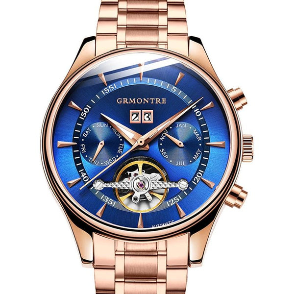 Men's Skeleton Tourbillon Mechanical Watch Automatic Classic Rose Gold Leather Band Wrist Watch - Frimunt Clothing Co.