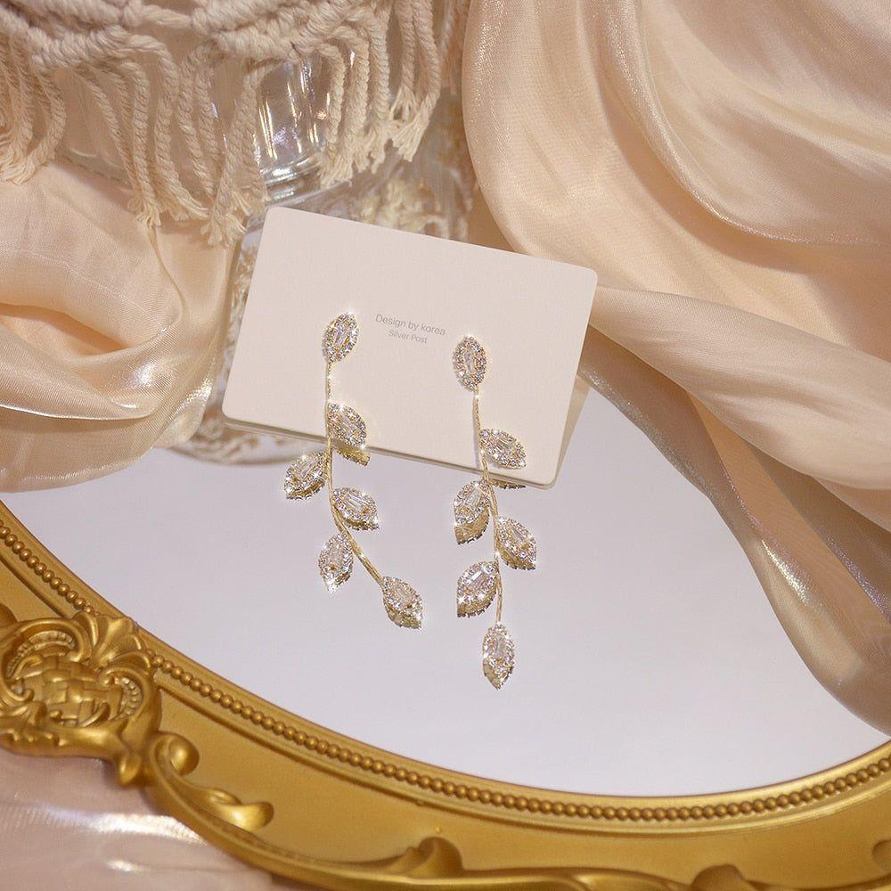 Luxury 14K Real Gold Plated Leaves Earring Delicate Micro Inlaid Cubic Zircon CZ Stud Pendant Earrings Wedding Jewelry - Frimunt Clothing Co.