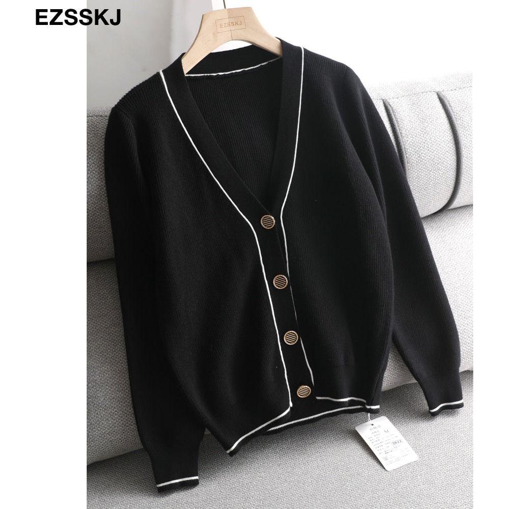 New White Black Solid Women's Cardigan Sweaters V-Neck Ribbed Knit Classic Style - Frimunt Clothing Co.