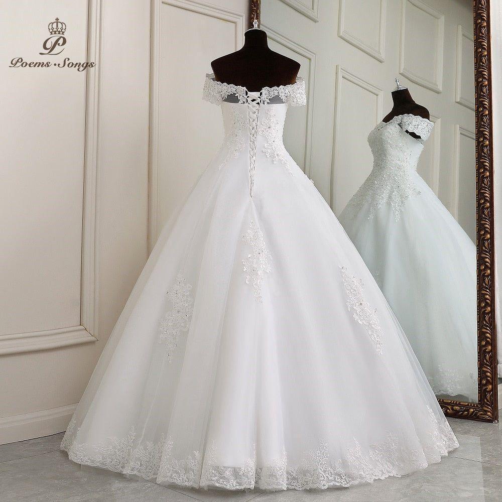 Marie Anne Simple Elegance Wedding Gown Lace Appliques Boat Neck Short Sleeve - Frimunt Clothing Co.