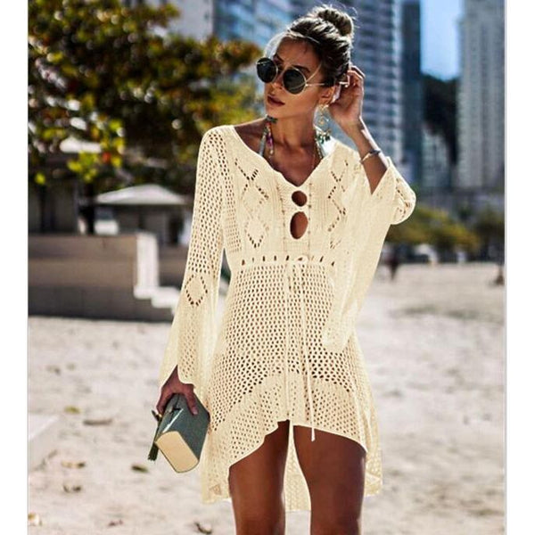 New Crochet Cover Up Lace Hollow Swimsuit Beach Dress Women Summer Beach Wear Tunic