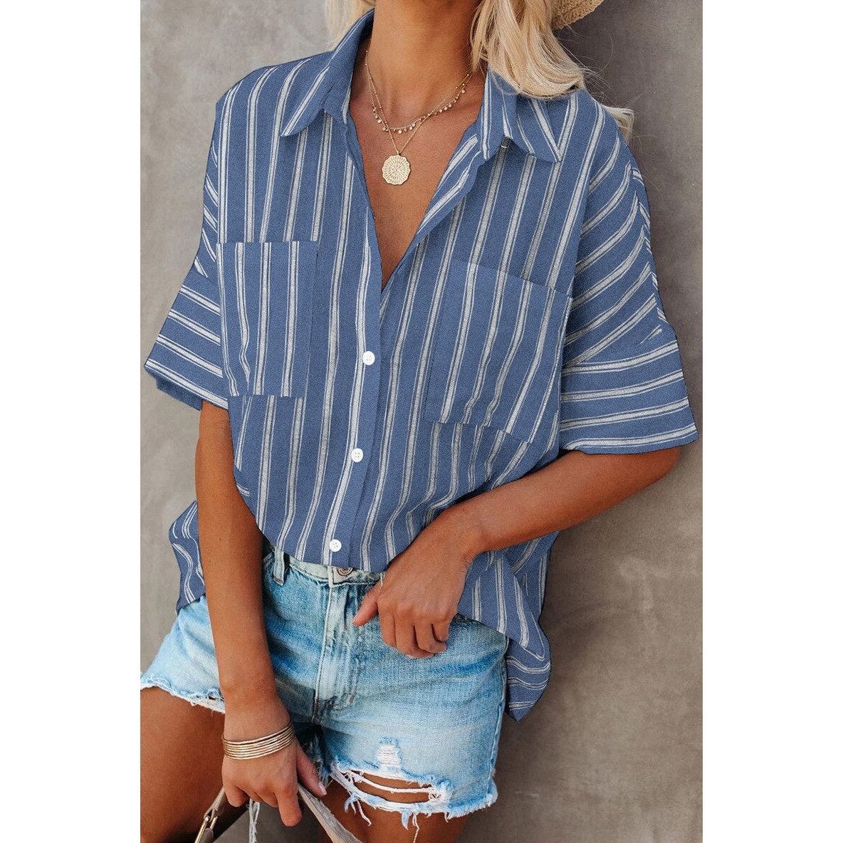 Women's Striped Short Sleeves Shirt Loose Style - Light Blue/Black/Blue - Frimunt Clothing Co.