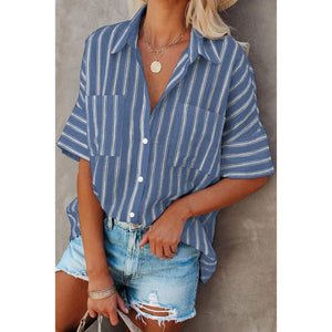 Women's Striped Short Sleeves Shirt Loose Style - Light Blue/Black/Blue