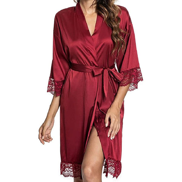 New Women's Lace Half Sleeve Silk Belted Robe Fashion Sleepwear