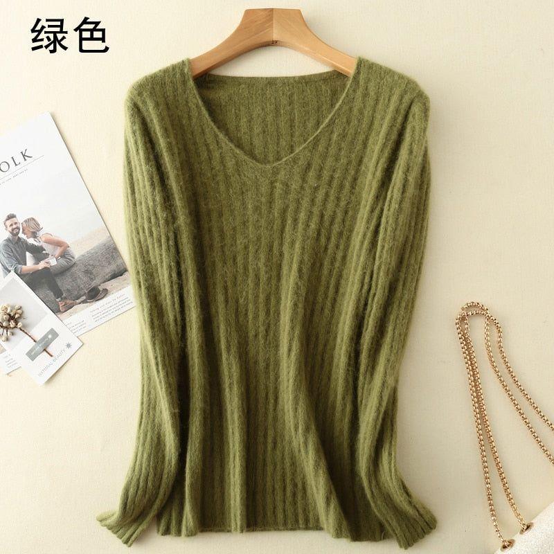 Super Warm 100% Mink Cashmere Women Sweaters Winter High Elasticity Soft Tops V-neck Casual Basics - Frimunt Clothing Co.
