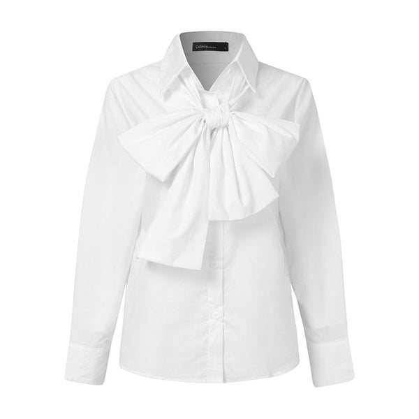 Celmia Women Elegant Bow Tie White Shirts Long Sleeve Fashion Tops