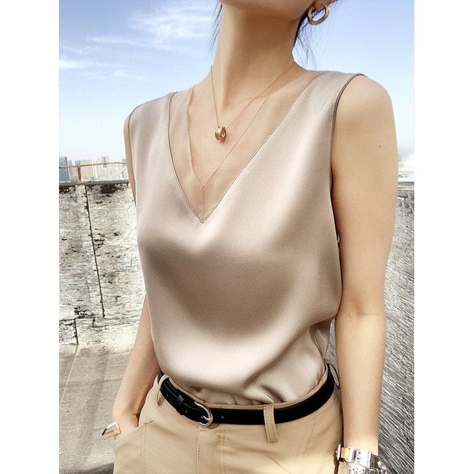 Women's Elegant Blouse Solid V-Neck Satin Silk Cami Plus Size - Frimunt Clothing Co.