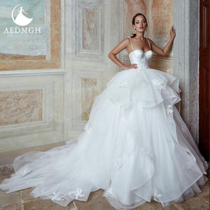 Claire Satin Ball Gown Wedding Dress Spaghetti Straps Ruffles Beaded Tiered Bridal Gown