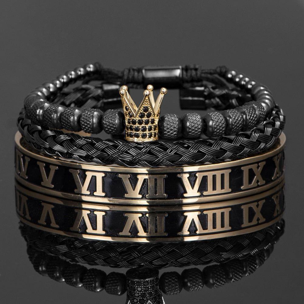 3 Piece Set Luxury Crown Handmade Men Enamel Roman Numeral Bangles Hemp Rope Stainless Steel Micro Pave CZ Luxury Jewelry - Frimunt Clothing Co.
