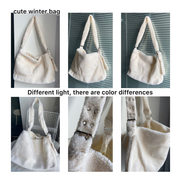 Winter Lamb Faux Fur Women's Shoulder Bag Solid Color Soft Fluffy Plush Large Capacity Tote - Frimunt Clothing Co.
