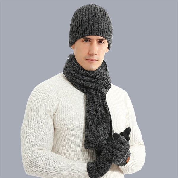 Autumn Winter Men's Knitted Thick Wool Hat, Scarf & Gloves 3-Piece Set