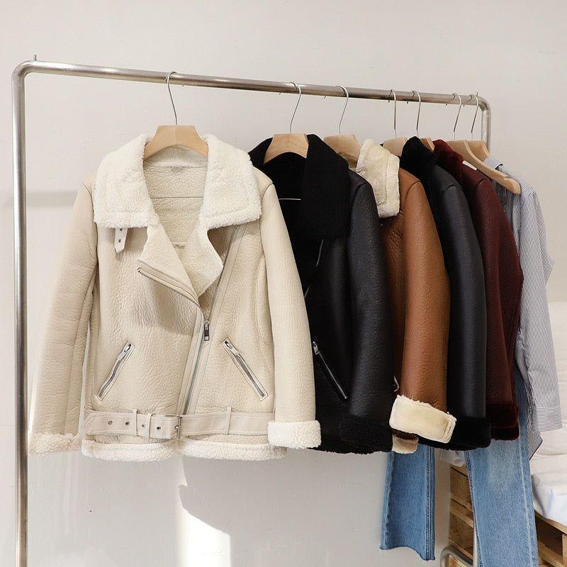 Winter Women's Faux Sheepskin Leather Jacket Aviator Style with Fur Lining - Frimunt Clothing Co.