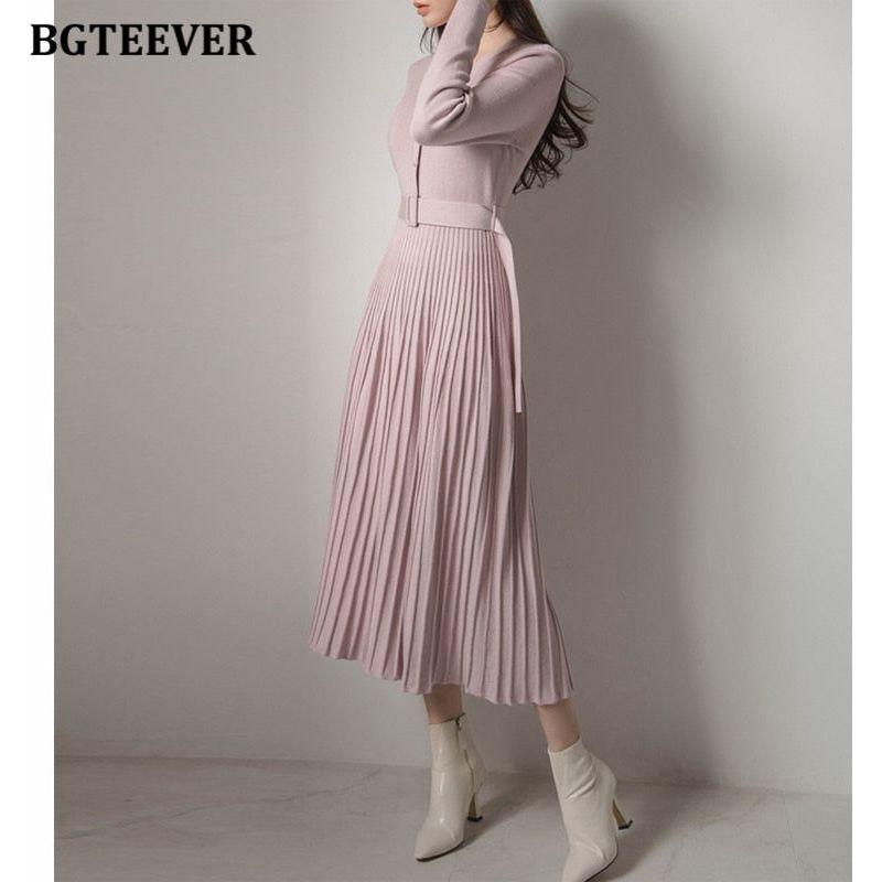 Elegant V-Neck Autumn Winter Knitted Belted Pleated Women's Long Dress - Frimunt Clothing Co.