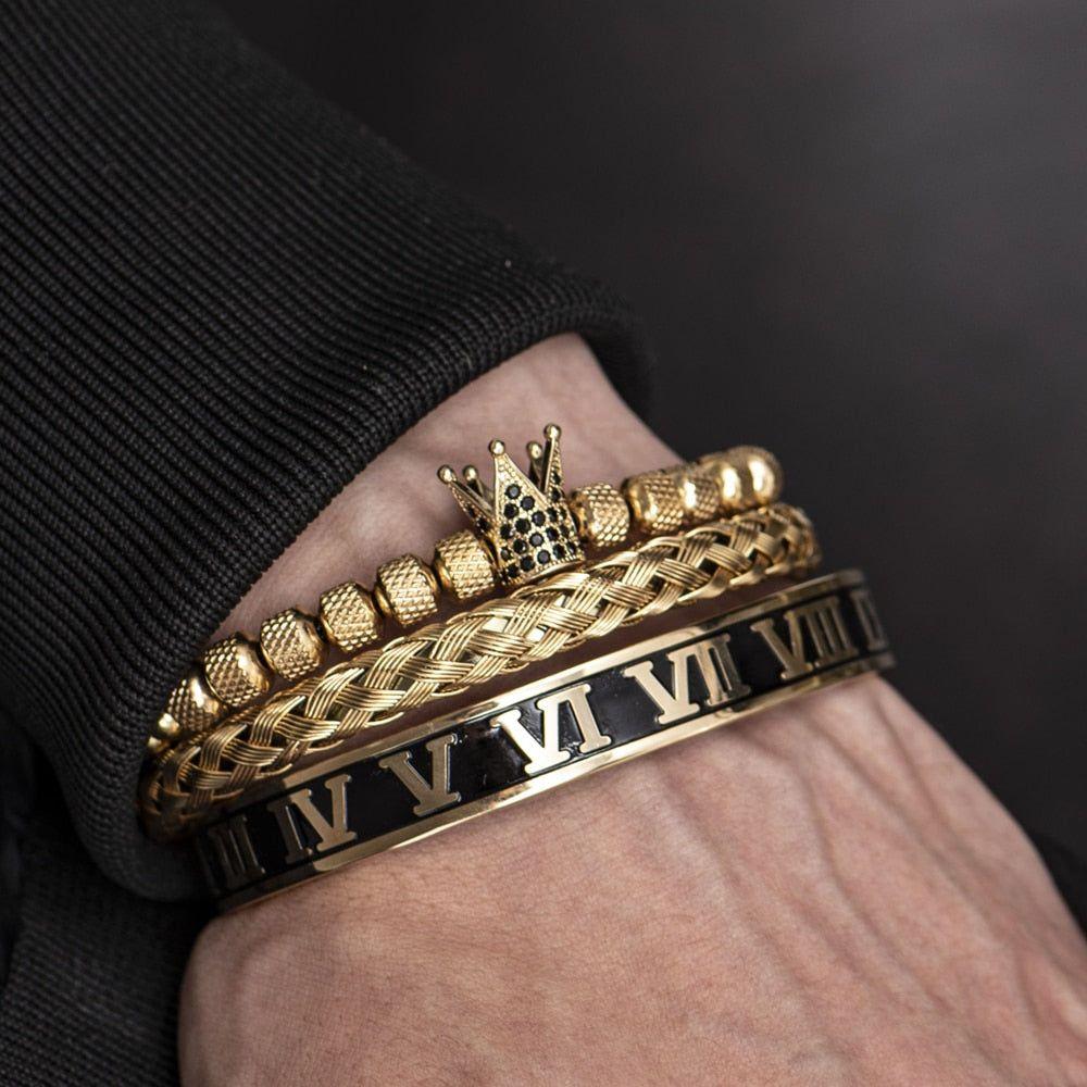 3 Piece Set Luxury Crown Handmade Men Enamel Roman Numeral Bangles Hemp Rope Stainless Steel Micro Pave CZ Luxury Jewelry - Frimunt Clothing Co.
