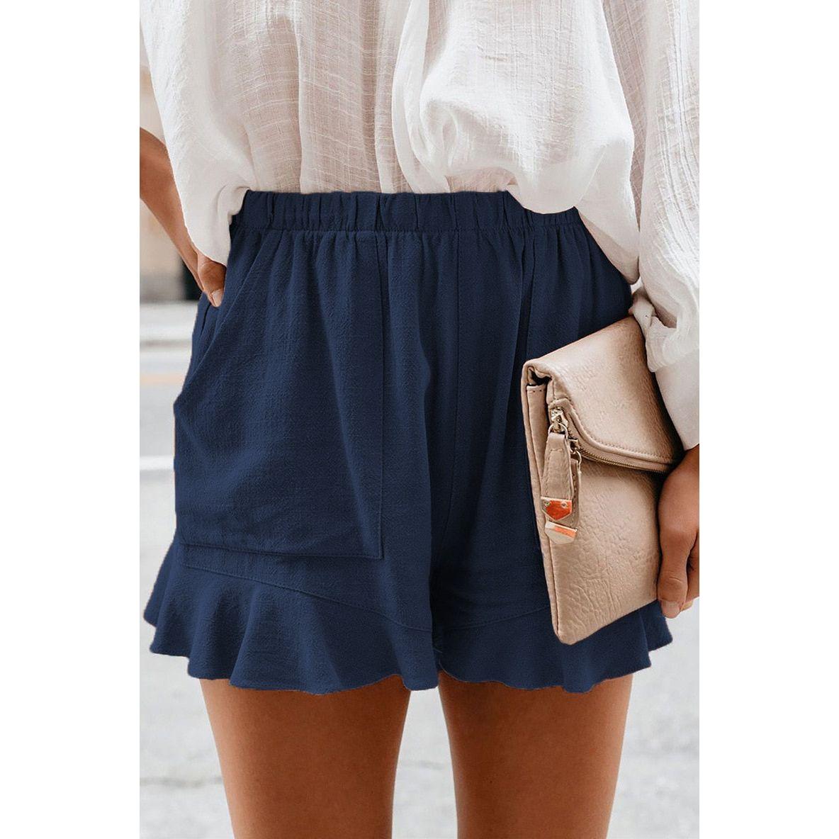 Women Shorts 2022 Summer High Waist Elastic Pockets Ruffles Straight Casual Thin Mini Shorts S-5XL - Frimunt Clothing Co.