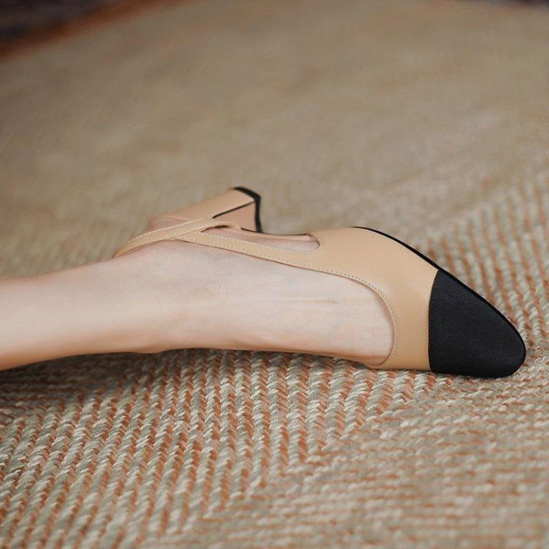 Women Luxury Brand Designer Inspired Low Mid Heels Natural Genuine Leather Slingback Beige Nude Pumps - Frimunt Clothing Co.