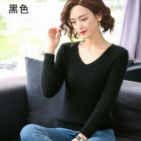 Super Warm 100% Mink Cashmere Women Sweaters Winter High Elasticity Soft Tops V-neck Casual Basics - Frimunt Clothing Co.