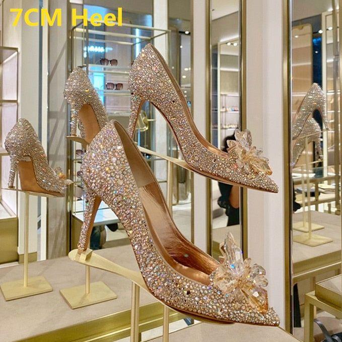 Bridal Crystal Princess Shoes Pointed Toe High Heel White, Silver, Gold, Pink - Frimunt Clothing Co.