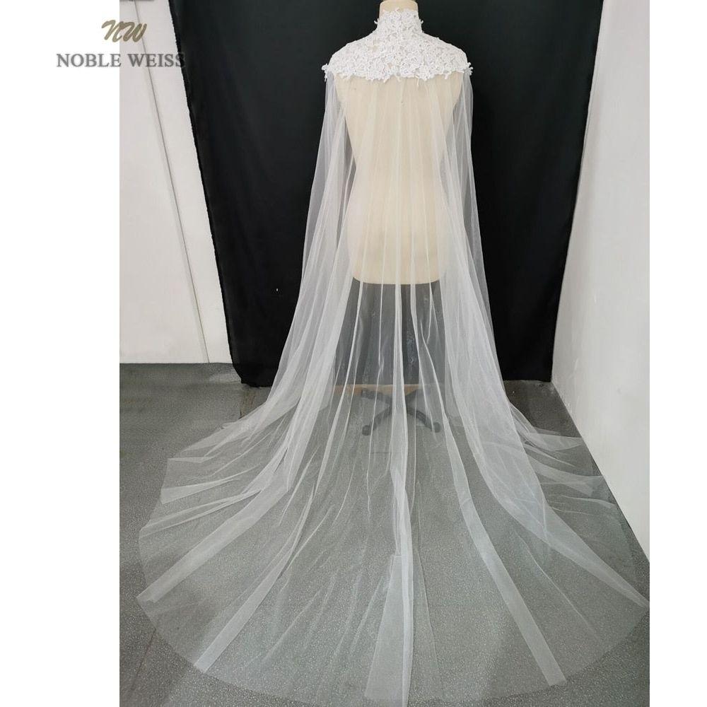 Lace Appliques Tulle Bridal Cape High Neck Long Cathedral Length - Frimunt Clothing Co.