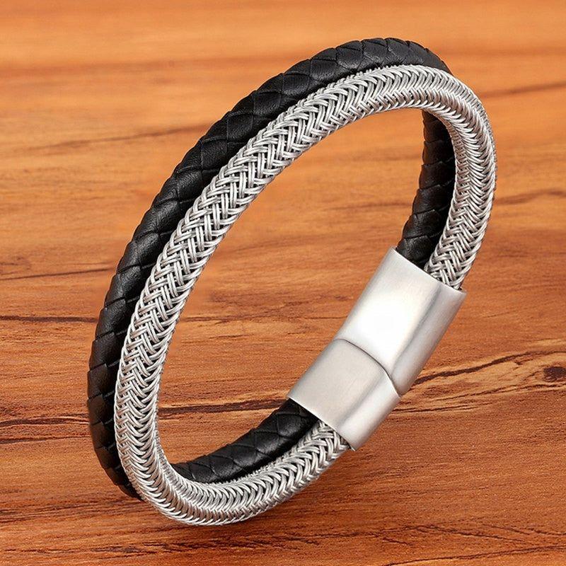 Stainless Steel Charm Magnetic Black Men Bracelet Leather Genuine Braided Punk Rock Bangles Jewelry Accessories - Frimunt Clothing Co.