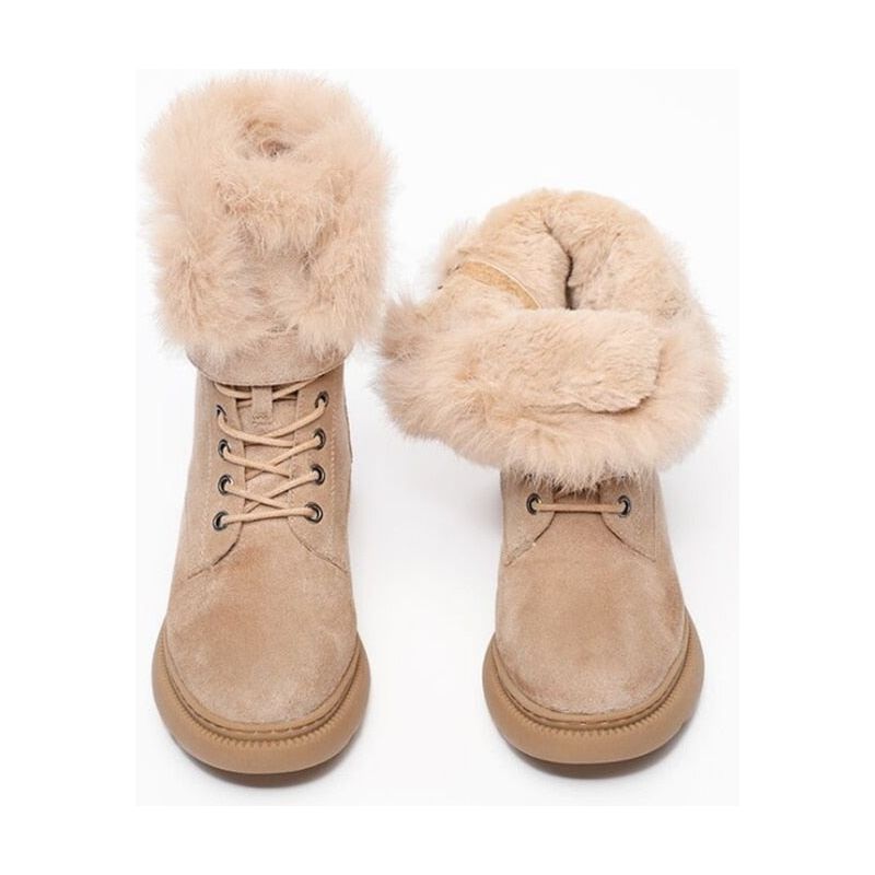Women's Boots Suede Leather Flat Mid-Calf Boots Winter Plush Fur Warm Boots 34-43