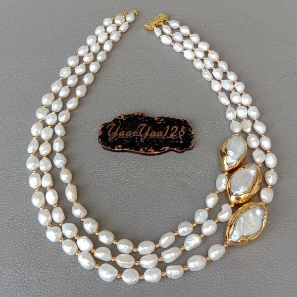 Women's 3 rows Cultured Baroque Pearls Necklace Keshi Pearl Gold Plated Clasp Classic Elegant Fashion Jewelry
