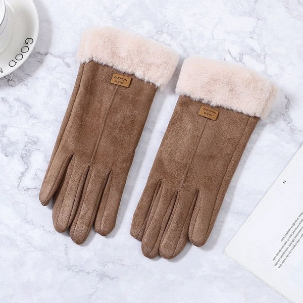 Women Winter Touch Screen Suede Furry Warm Full Finger Gloves